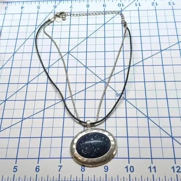 Chicos Silvertone Blue Pendant Patina Necklace Dual Chain - Picture 6 of 6